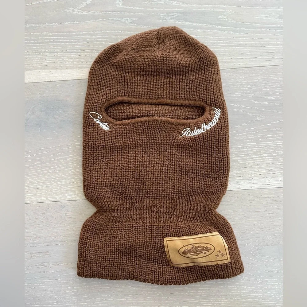 Corteiz rules the world Knit Brown Ski-Mask beanie